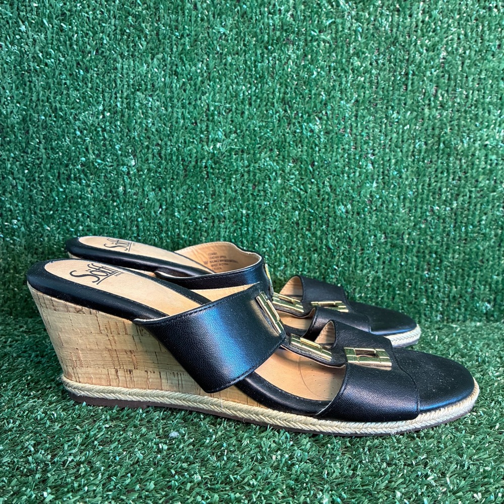 Sofft Leather Cork Espadrille Wedge Buckle Slide Sandals Black Womens Size 9M